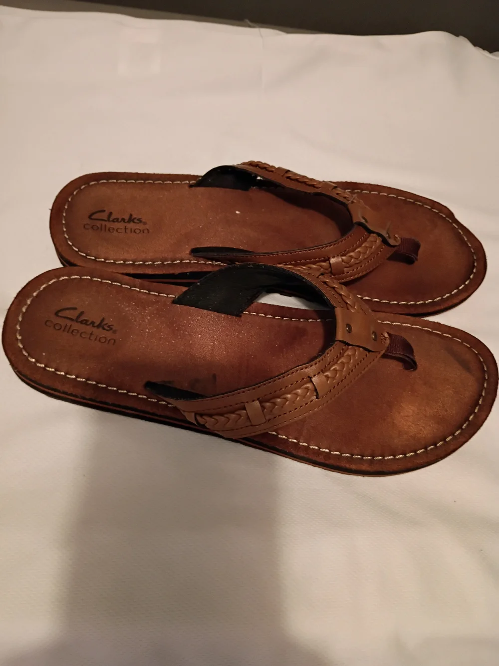 Clarks Men’s Tan Brown Leather Braided Flip-Flop Sandals